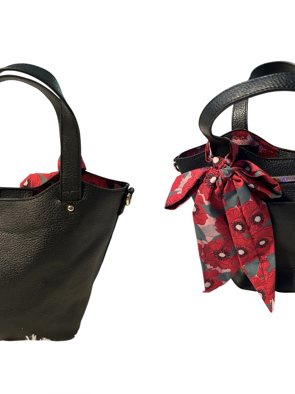 Steve Madden Black Leather Tote with Red Floral Scarf Accent